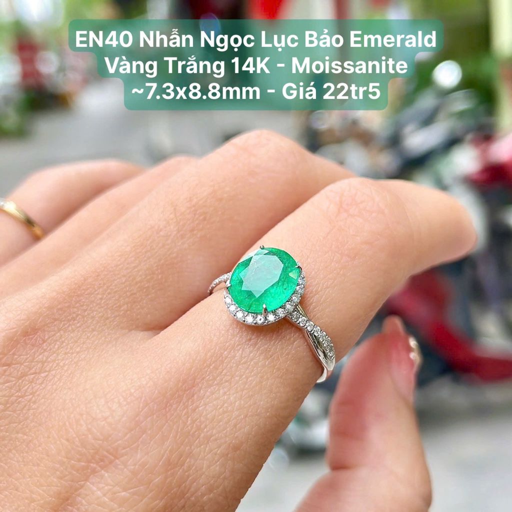 Nhẫn Ngọc Lục Bảo Emerald  Vàng Trắng 14K - Moissanite  ~7.3x8.8mm EN40