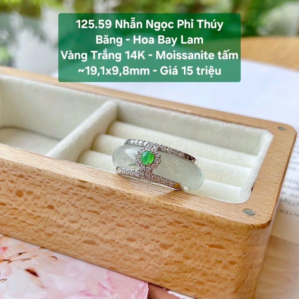 Nhẫn Ngọc Phỉ Thuý Băng - Hoa Bay Lam Vàng Trắng 14K - Moissanite Tấm ~19.1x9.8mm - 125.59