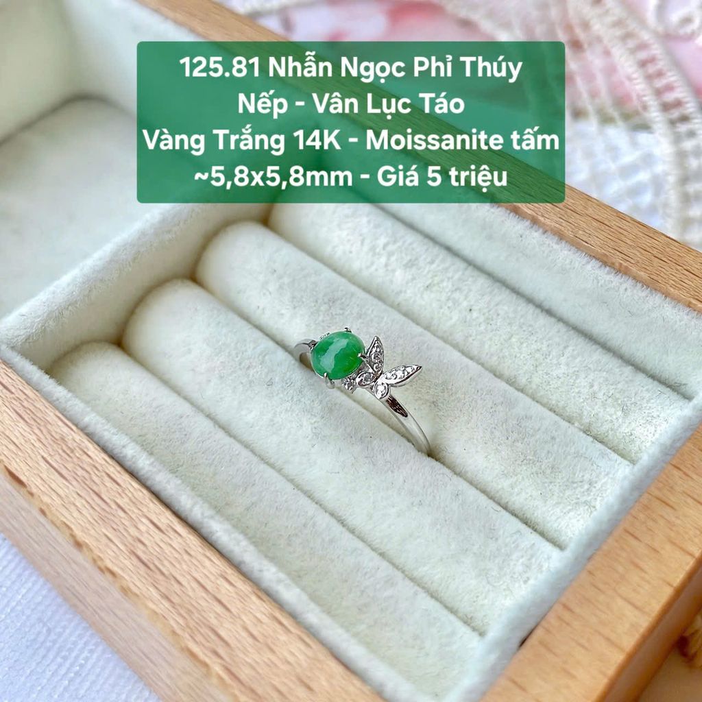 Nhẫn Ngọc Phỉ Thuý Nếp - Vân Lục Táo Vàng Trắng 14K - Moissanite Tấm ~5.8x5.8mm - 125.81