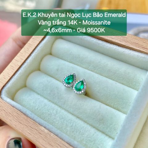 Khuyên Tai Ngọc Lục Bảo Emerald Pear Vàng Trắng 14K Moissanite EK2