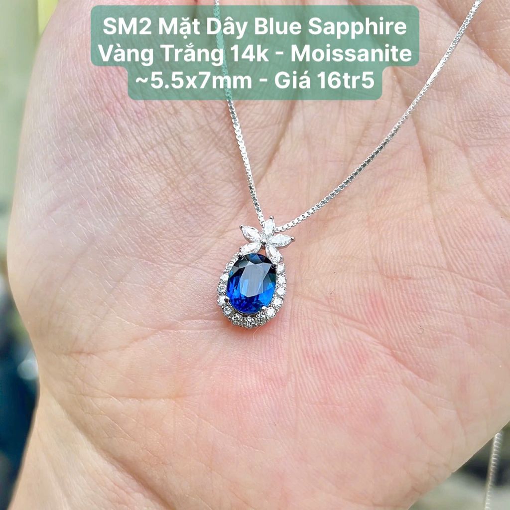 Mặt Dây Blue Sapphire Vàng Trắng 14K - Moissanite ~5.5x7mm - SM2