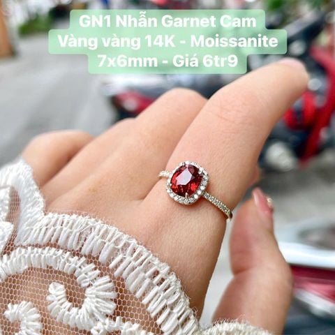 Nhẫn Garnet Cam Vàng Vàng 14K - Moissanite ~7x6mm - GN1