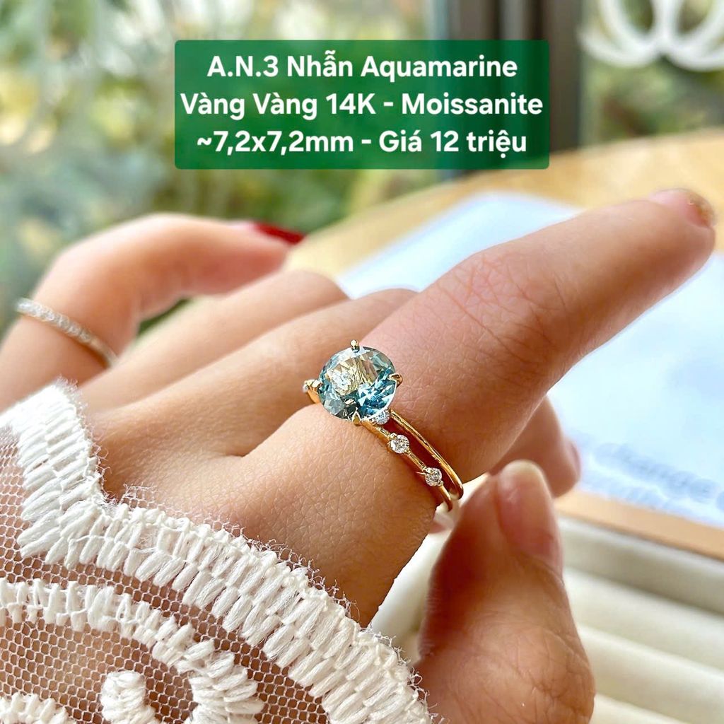 Nhẫn Aquamarine Vàng Vàng 14k -Moissanite ~6.7x8.2mm AN3