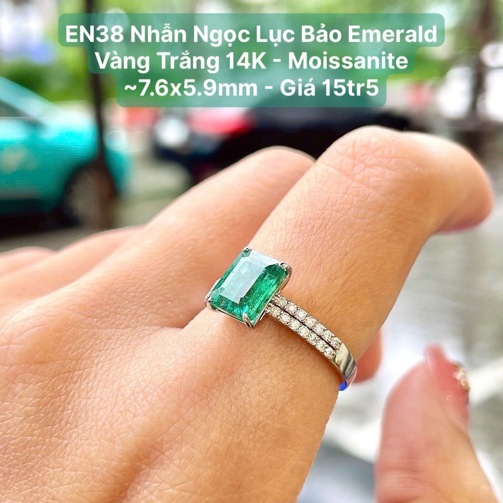 Nhẫn Ngọc Lục Bảo Emerald VT14K - Moissanite  ~7.6x5.9mm EN38