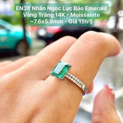 Nhẫn Ngọc Lục Bảo Emerald Vàng Trắng 14K - Moissanite  ~7.6x5.9mm EN38