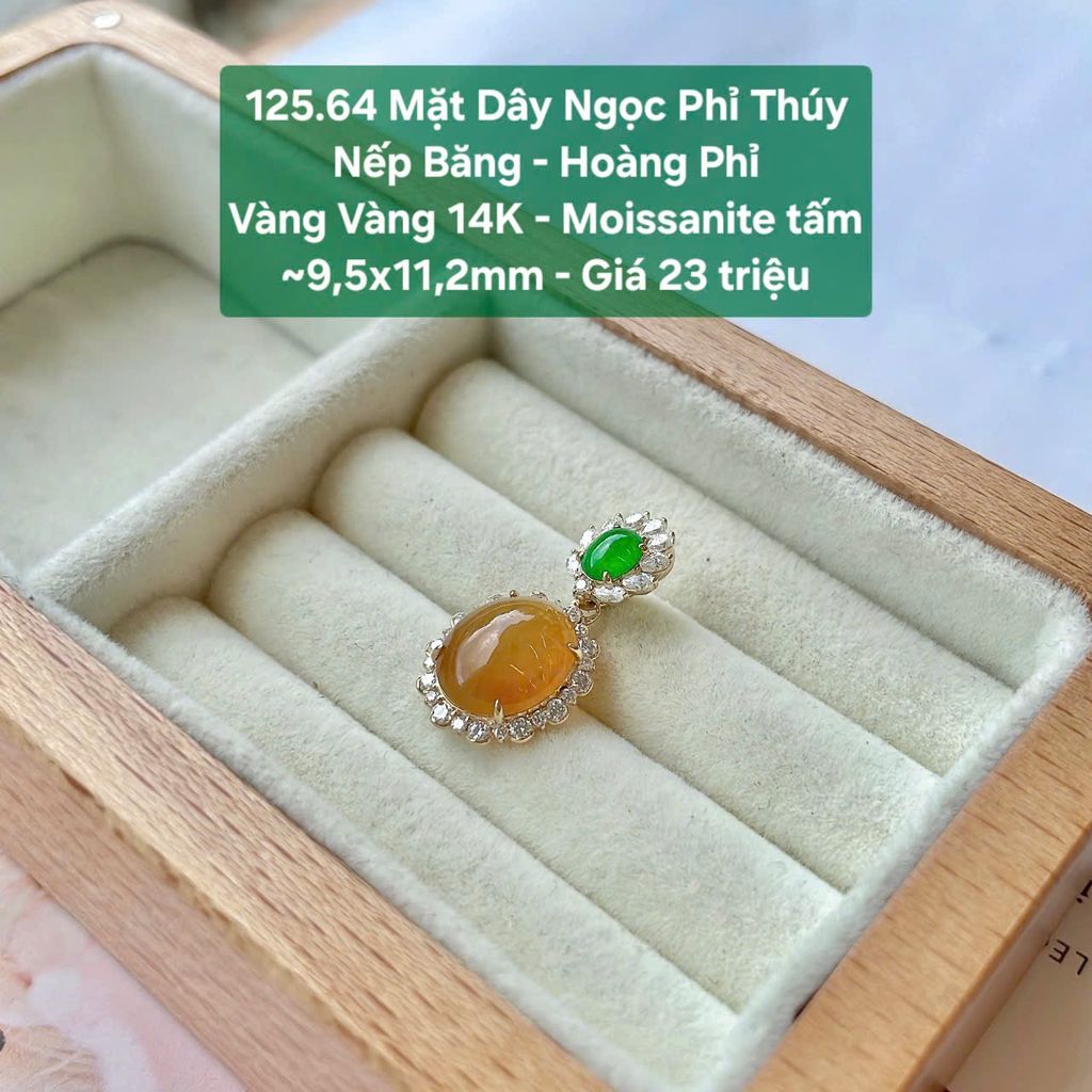 Mặt Dây Ngọc Phỉ Thuý Nếp Băng - Hoàng Phỉ Vàng Vàng 14K - Moissanite Tấm ~9.5x11.2mm - 125.64