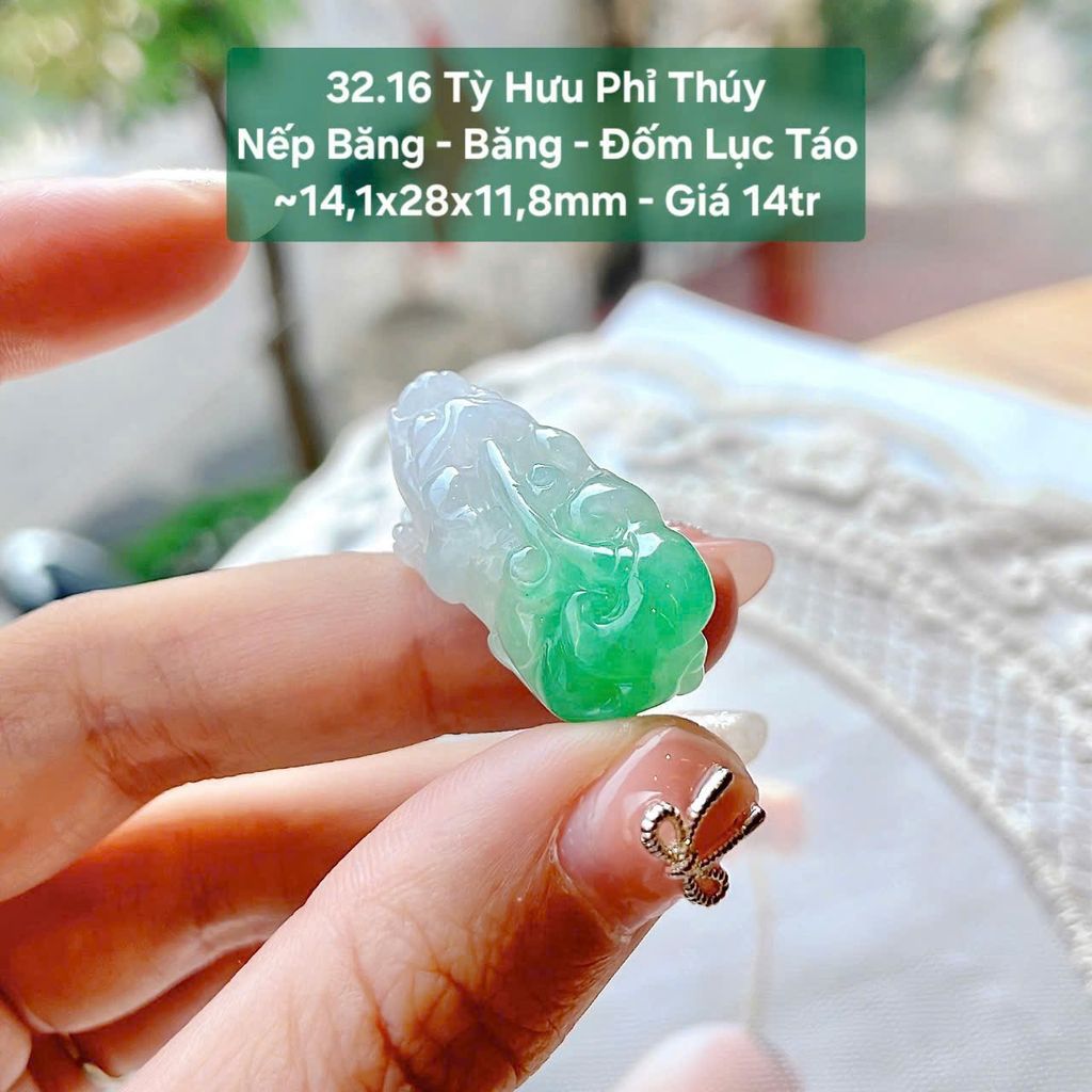 Tỳ Hưu Phỉ Thúy Jadeite A Nếp Băng - Băng - Đốm Lục Táo ~14,1x28x11,8mm 32.16