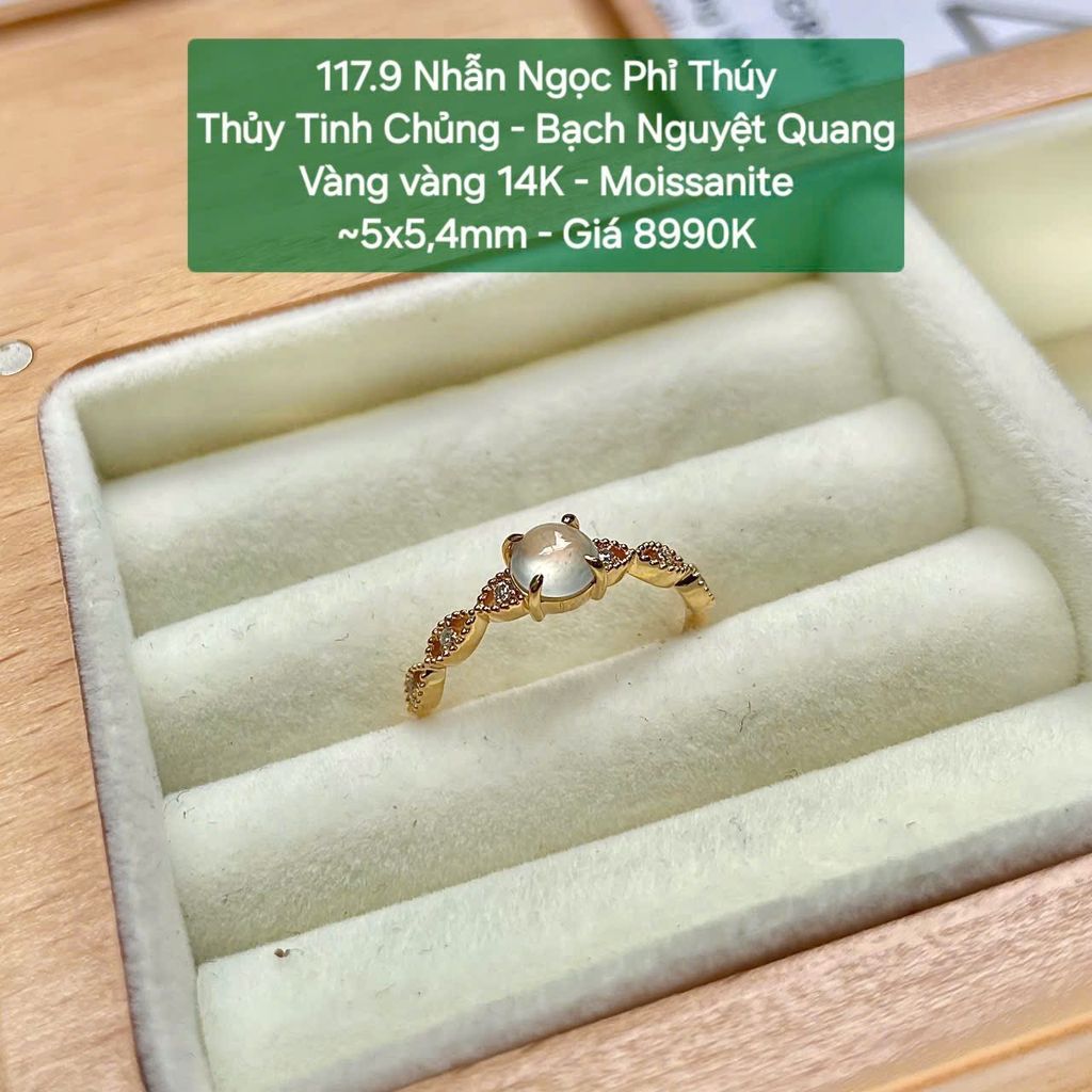 Nhẫn Ngọc Phỉ Thúy Thủy Tinh Chủng Bạch Nguyệt Quang VV14 Moissanite ~5x5.4mm 117.9