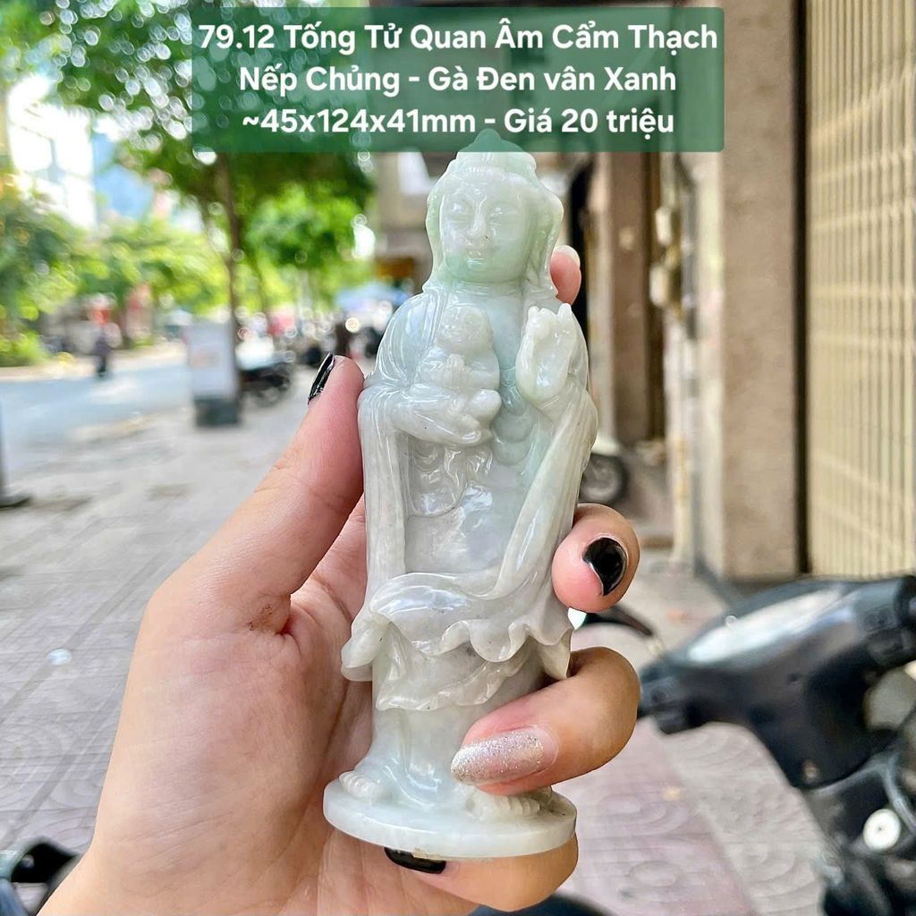 Tống Tử Quan Âm Cẩm Thạch Jadeite A Nếp Chủng- Gà Đen Vân Xanh 79.12