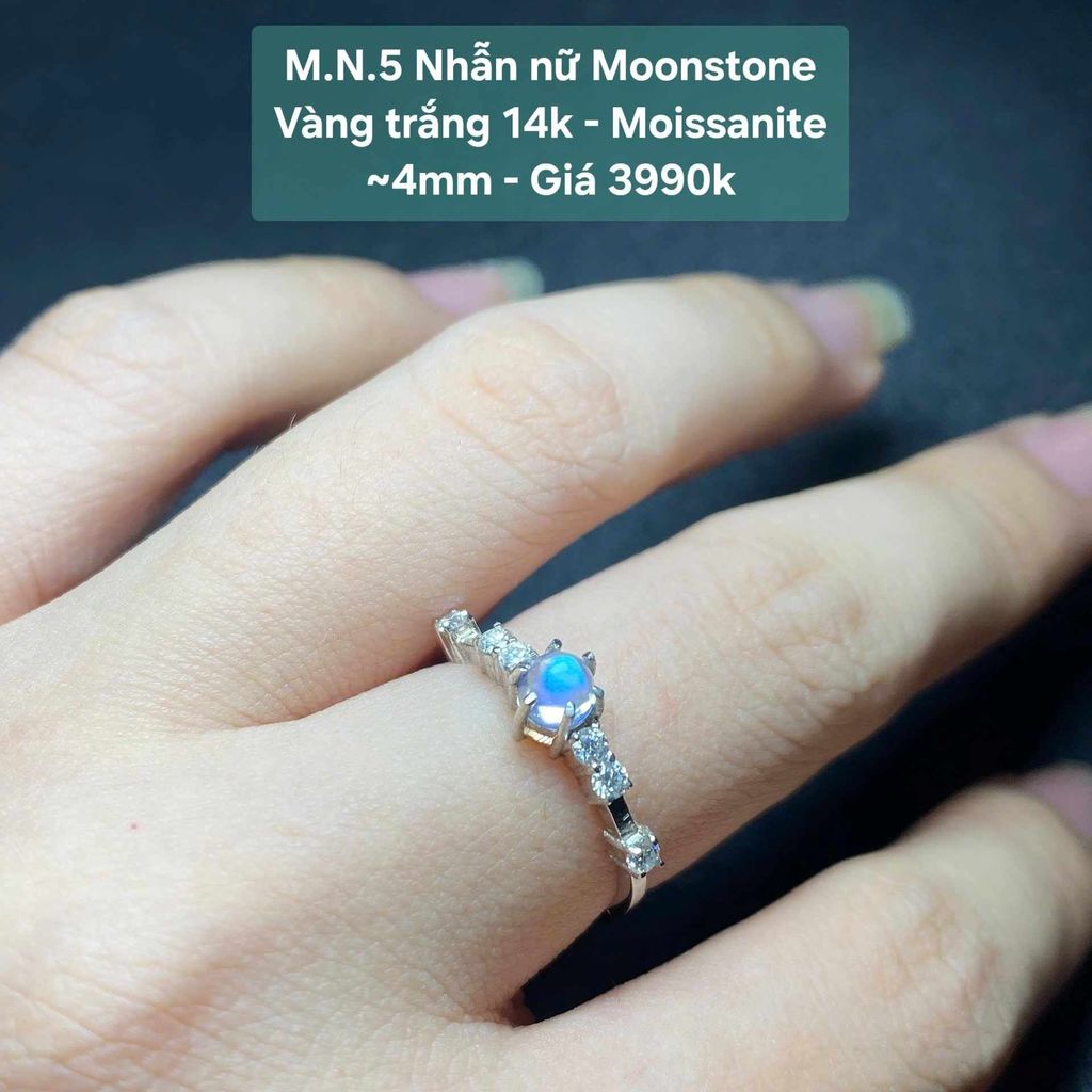 Nhẫn Moonstone Vàng Trắng 14k - Moissanite ~4mm MN5