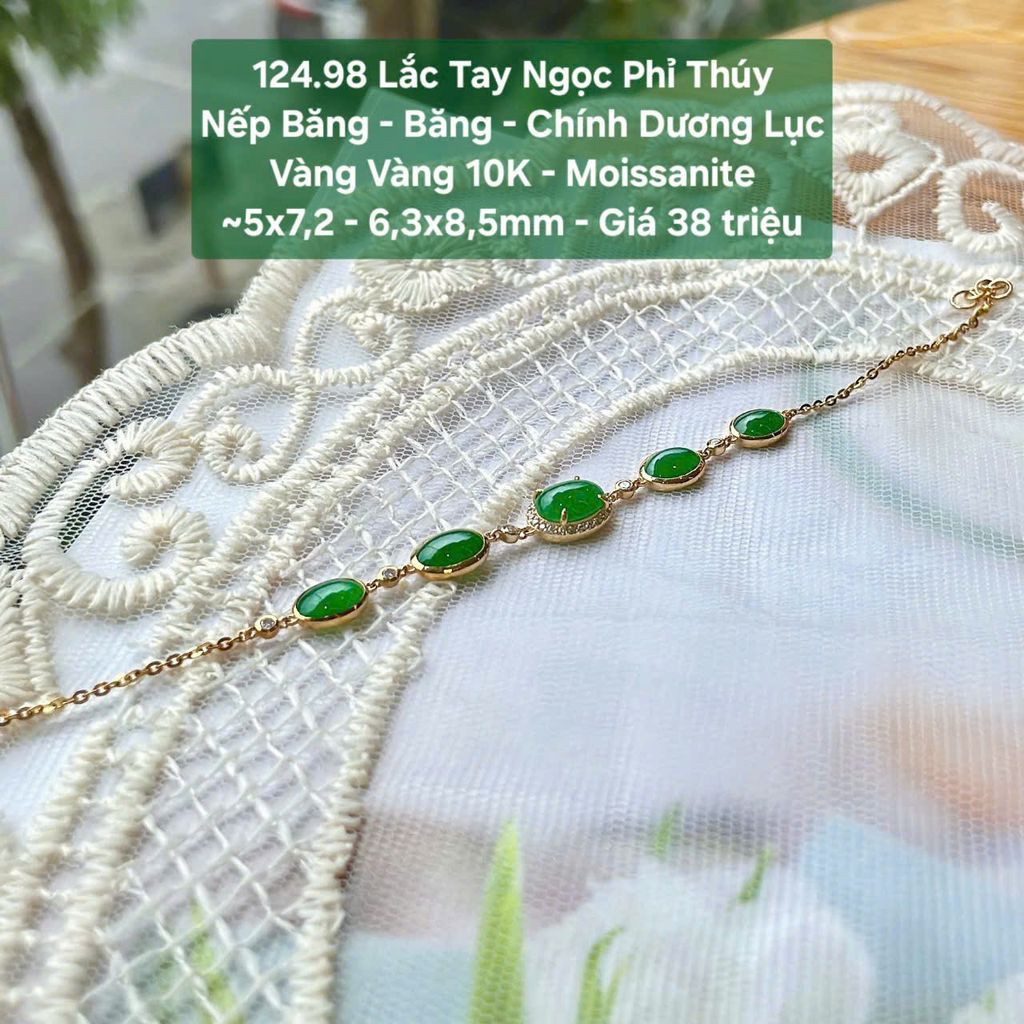 Lắc Tay Ngọc Phỉ Thúy Nếp Băng - Băng - Chính Dương Lục VV10 - Moissanite ~5x7.2mm - 6.3x8.5mm 124.98