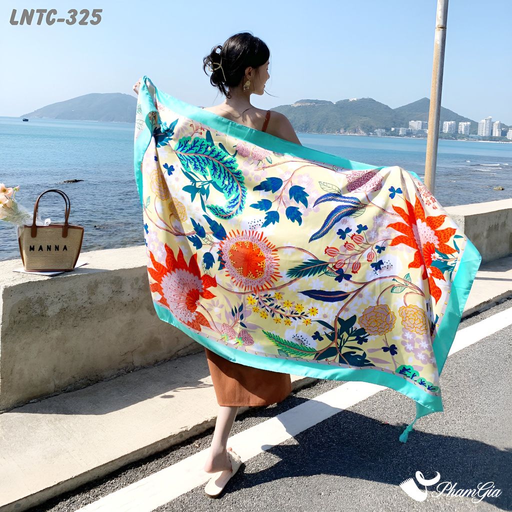 Họa Tiết Khăn Choàng Linen Boho Họa Tiết Vườn Nhiệt Đới Màu Vàng Kem Phối Xanh Mint Tươi Mát