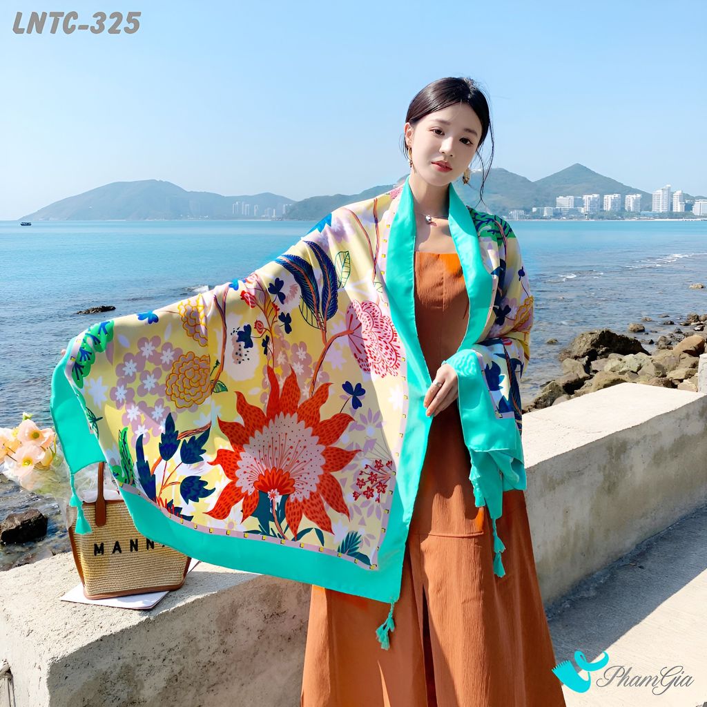 Khăn Choàng Linen Boho Họa Tiết Vườn Nhiệt Đới Màu Vàng Kem Phối Xanh Mint Tươi Mát