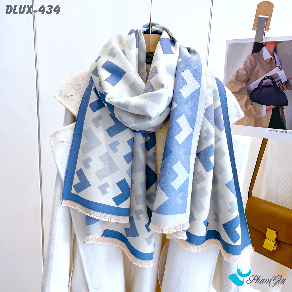 Khăn Choàng Dạ Cashmere Cao Cấp Họa Tiết Mũi Tên Hình Học Màu Trắng Viền Xanh Baby Thanh Lịch