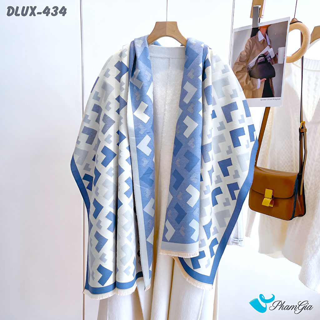 Góc Thẳng Khăn Choàng Dạ Cashmere Cao Cấp Họa Tiết Mũi Tên Hình Học Màu Trắng Viền Xanh Baby Thanh Lịch