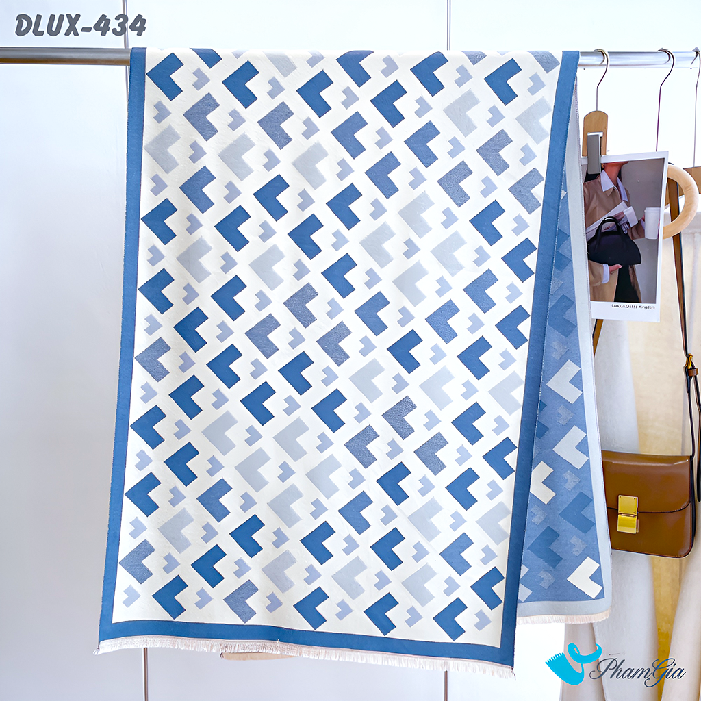Họa Tiết Khăn Choàng Dạ Cashmere Cao Cấp Họa Tiết Mũi Tên Hình Học Màu Trắng Viền Xanh Baby Thanh Lịch