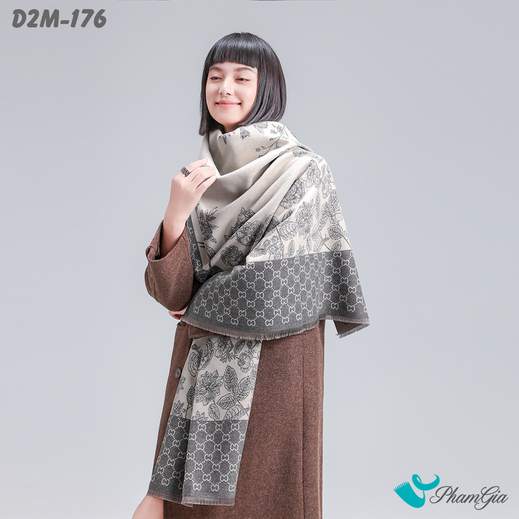 Người Mẫu Choàng Khăn Choàng Dạ Cashmere 2 Mặt Cao Cấp Họa Tiết Hoa Hồng Màu Xám Khói Trang Trọng