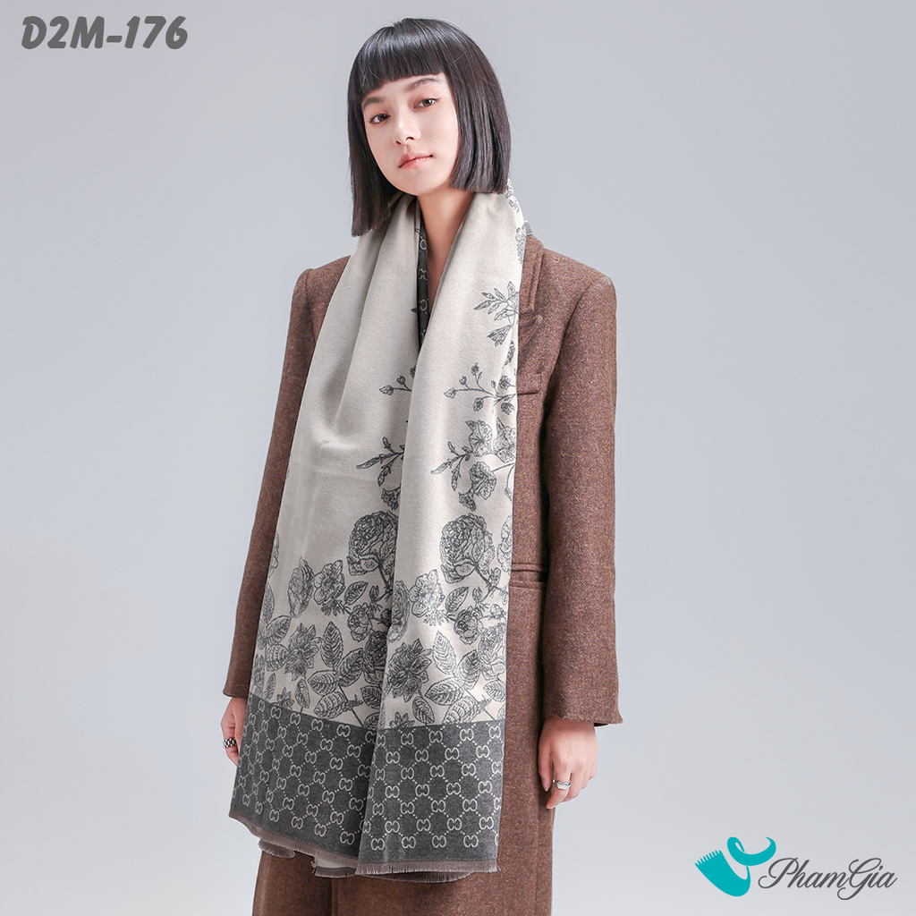 Model Choàng Khăn Choàng Dạ Cashmere 2 Mặt Cao Cấp Họa Tiết Hoa Hồng Màu Xám Khói Trang Trọng