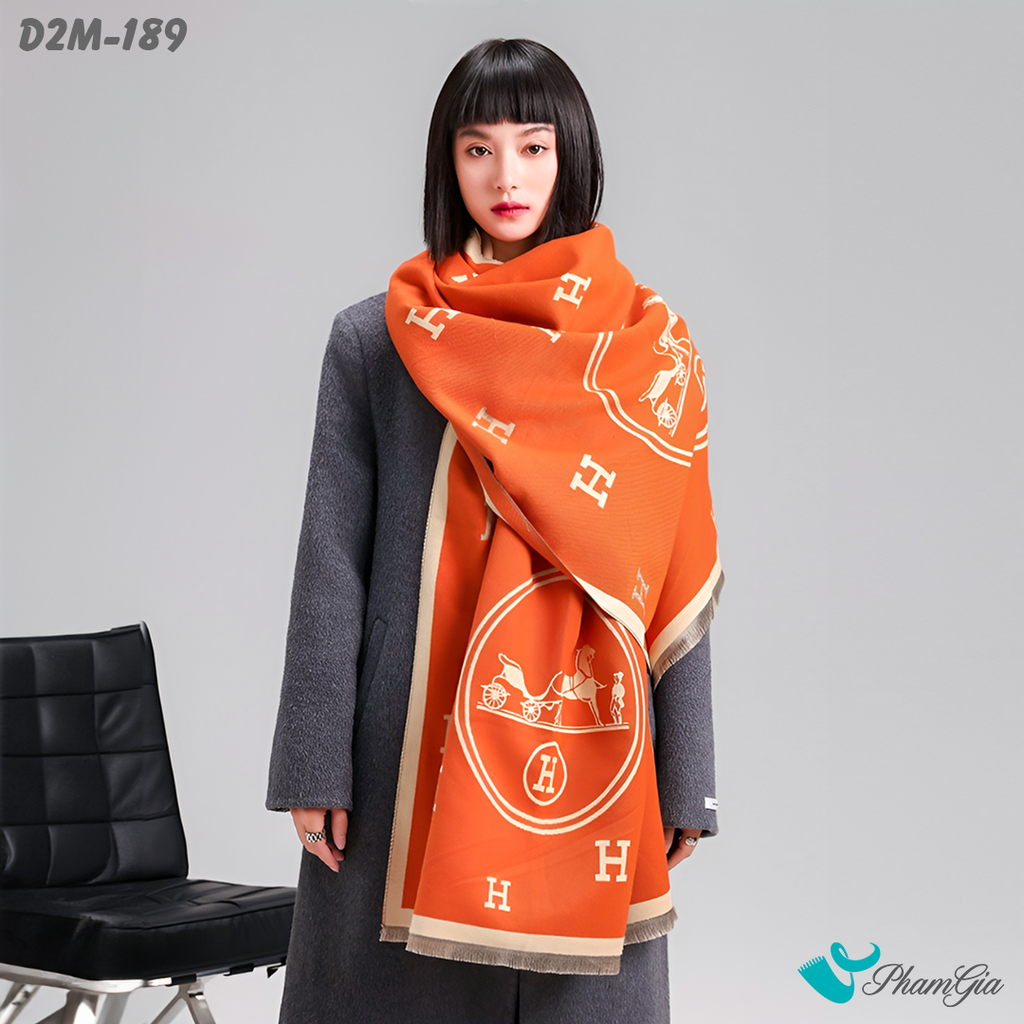 Khăn Choàng Dạ Cashmere 2 Mặt Cao Cấp Họa Tiết Xe Ngựa Cổ Điển Màu Cam Cháy Ấn Tượng