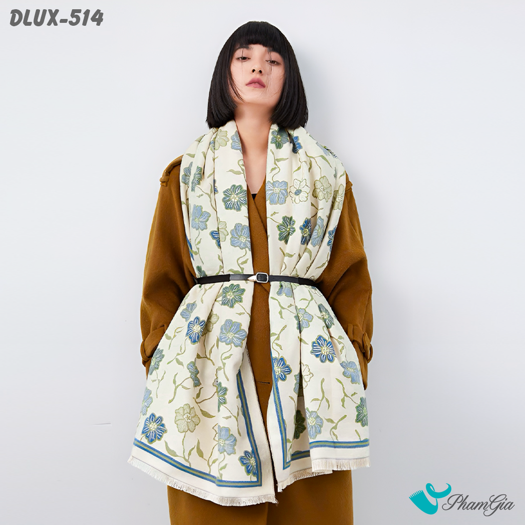 Model Choàng Khăn Choàng Dạ Cashmere Cao Cấp Họa Tiết Hoa Cúc Màu Xanh Phối Nền Kem Trang Nhã