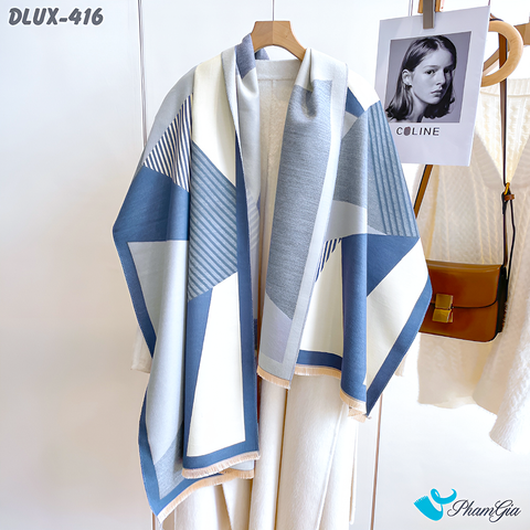 Góc Thẳng Khăn Choàng Dạ Cashmere Cao Cấp Họa Tiết Lập Thể Phối Màu Xám - Xanh Dương Cá Tính