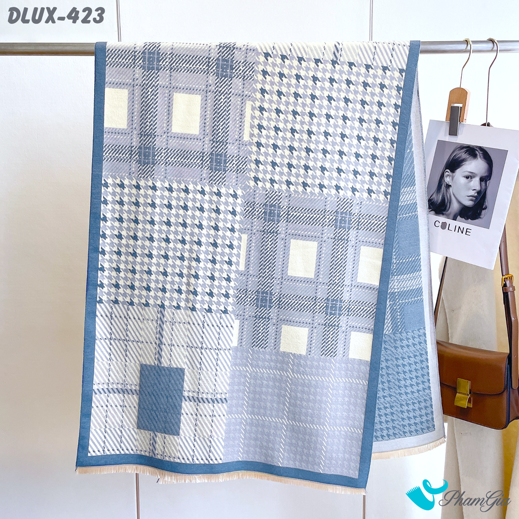 Họa Tiết Khăn Choàng Dạ Cashmere Cao Cấp Họa Tiết Caro và Nanh Sói Màu Xanh Dương Hiện Đại