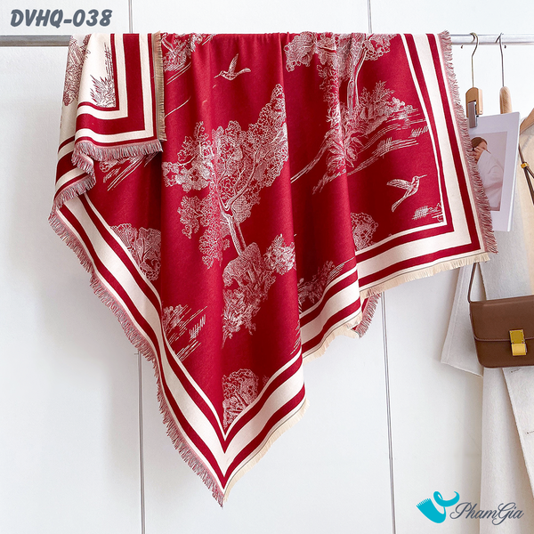 Khăn Choàng Dạ Cashmere Vuông Phong Cách Hàn Quốc Cao Cấp Họa Tiết Cây Cổ Thụ Màu Đỏ (DVHQ038)