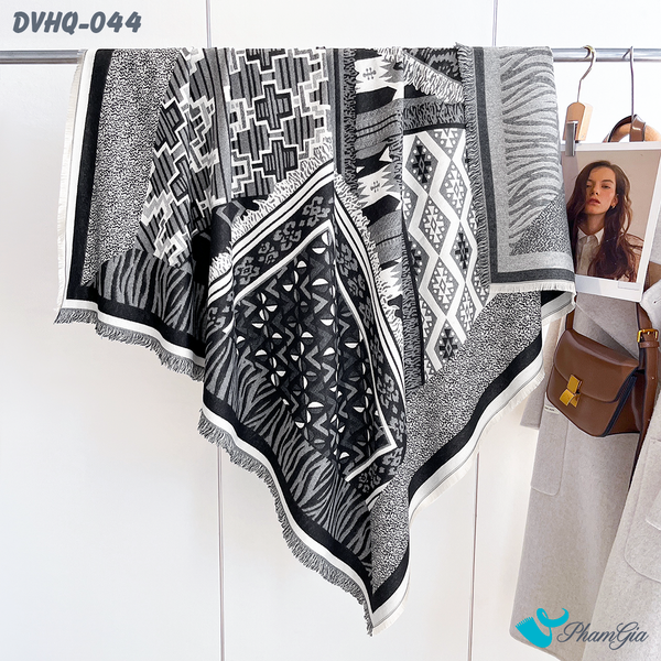 Khăn Choàng Dạ Cashmere Vuông Phong Cách Hàn Quốc Cao Cấp Họa Tiết Retro Màu Đen Xám (DVHQ044)