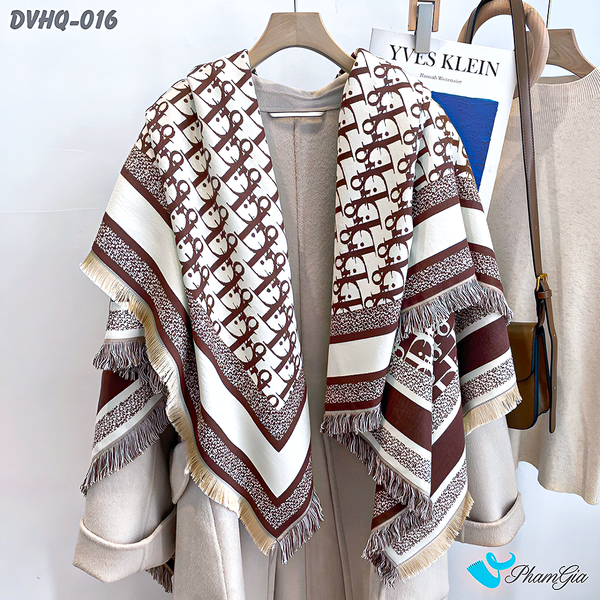 Khăn Choàng Dạ Cashmere Vuông Phong Cách Hàn Quốc Cao Cấp Họa Tiết Retro Màu Nâu Tây (DVHQ016)