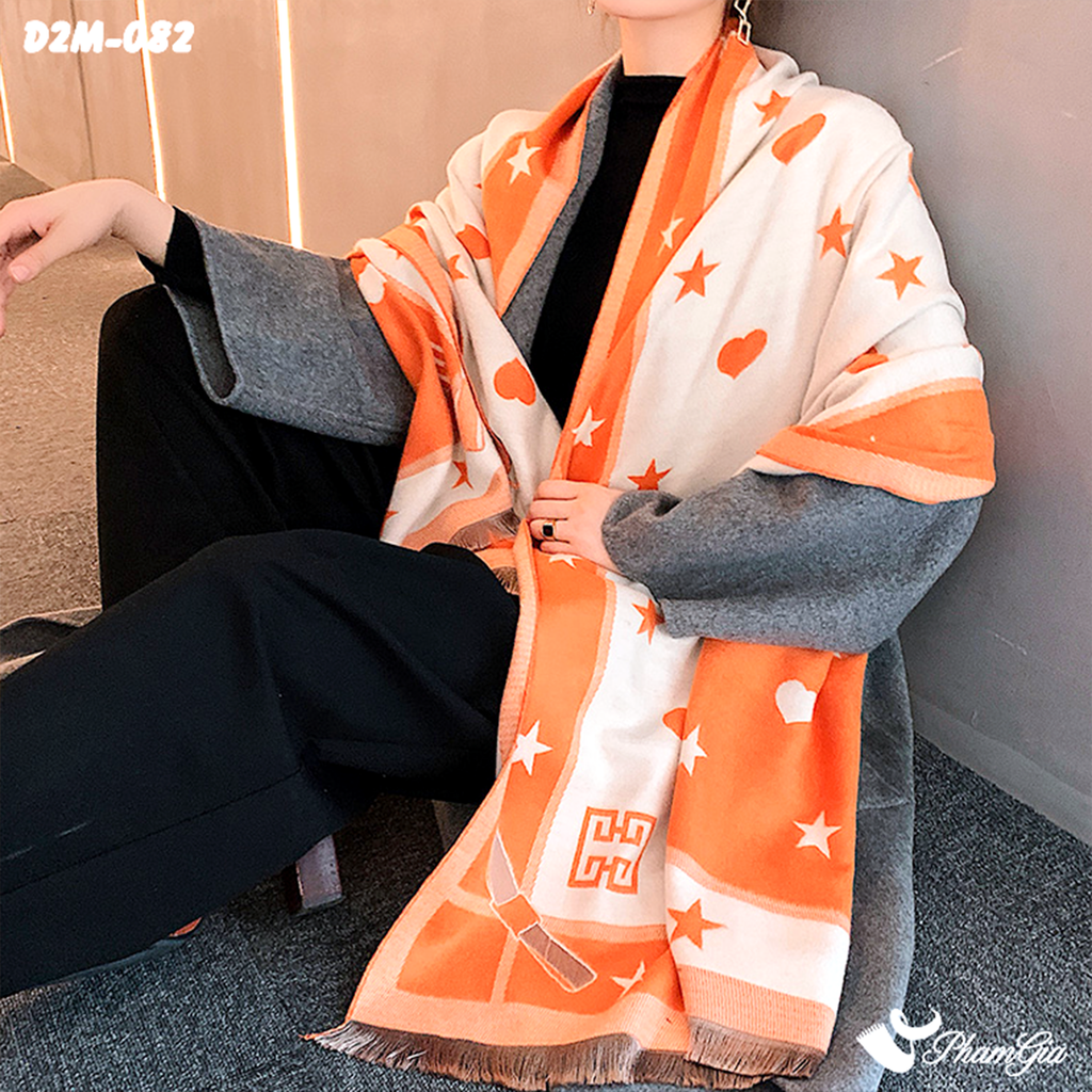 Góc Nghiêng Khăn Choàng Dạ Cashmere 2 Mặt Cao Cấp Họa Tiết Tim Sao Màu Cam Nổi Bật