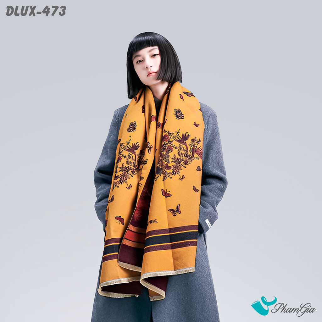 Khăn Choàng Dạ Cashmere Cao Cấp Họa Tiết Bướm Hoa Màu Vàng Gold Sang Trọng