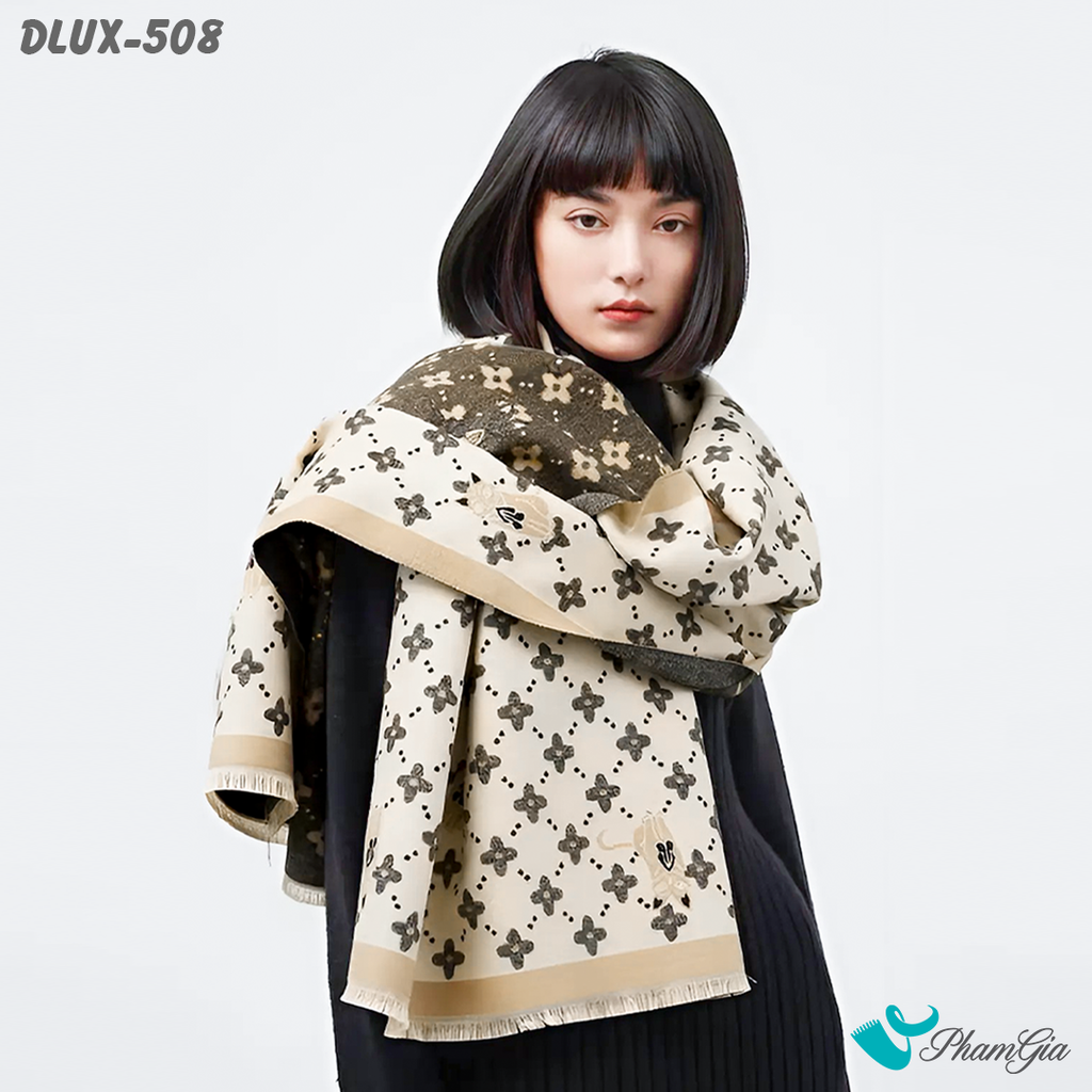 Khăn Choàng Dạ Cashmere Cao Cấp Họa Tiết Hoa Bốn Cánh Màu Beige Thanh Lịch