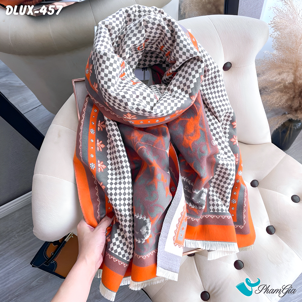 Góc Trên Khăn Choàng Dạ Cashmere Cao Cấp Họa Tiết Hoa Lá Màu Cam Đất Thanh Lịch