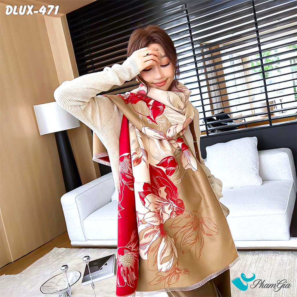 Model Choàng Khăn Choàng Dạ Cashmere Cao Cấp Họa Tiết Hoa Mẫu Đơn Màu Đỏ Sang Trọng
