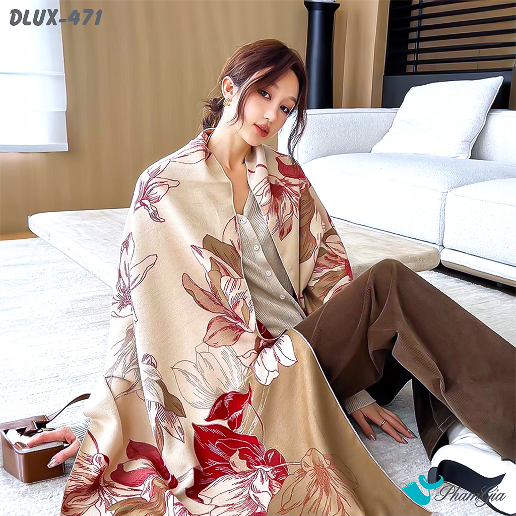Họa Tiết Khăn Choàng Dạ Cashmere Cao Cấp Họa Tiết Hoa Mẫu Đơn Màu Đỏ Sang Trọng