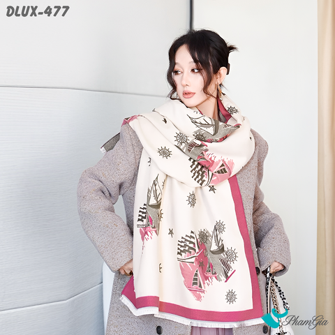 Người Mẫu Choàng Khăn Choàng Dạ Cashmere Cao Cấp Họa Tiết Retro Màu Hồng Dâu Thanh Lịch
