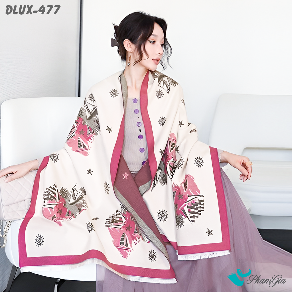 Họa Thiết Khăn Choàng Dạ Cashmere Cao Cấp Họa Tiết Retro Màu Hồng Dâu Thanh Lịch