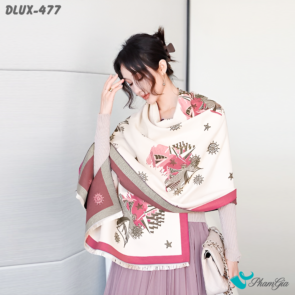 Model Choàng Khăn Choàng Dạ Cashmere Cao Cấp Họa Tiết Retro Màu Hồng Dâu Thanh Lịch