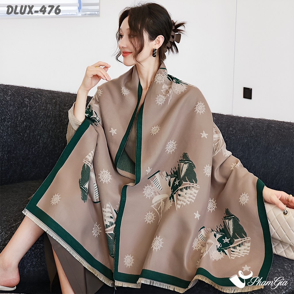 Họa Tiết Khăn Choàng Dạ Cashmere Cao Cấp Họa Tiết Retro Màu Nâu Khói Thanh Lịch