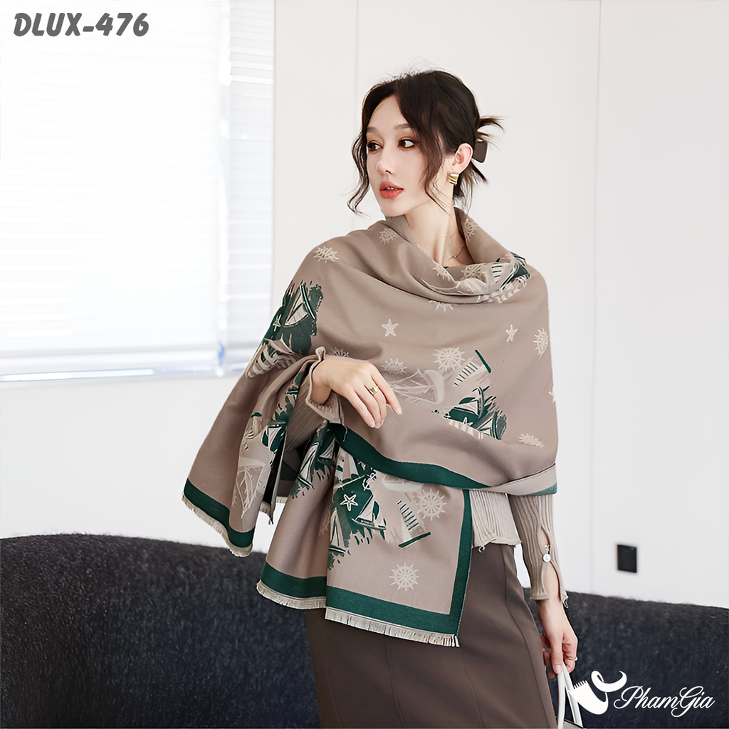 Model Choàng Khăn Choàng Dạ Cashmere Cao Cấp Họa Tiết Retro Màu Nâu Khói Thanh Lịch