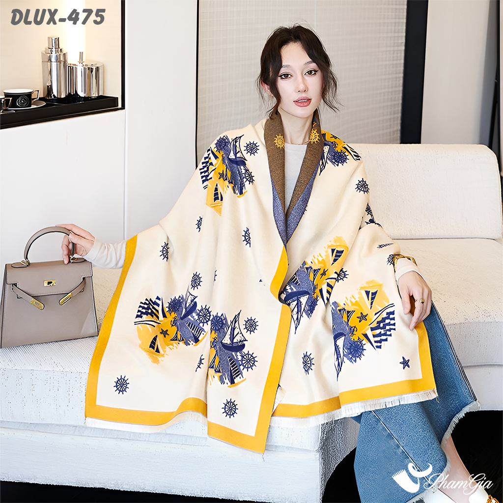 Người Mẫu Choàng Khăn Choàng Dạ Cashmere Cao Cấp Họa Tiết Retro Màu Vàng Kem Thanh Lịch