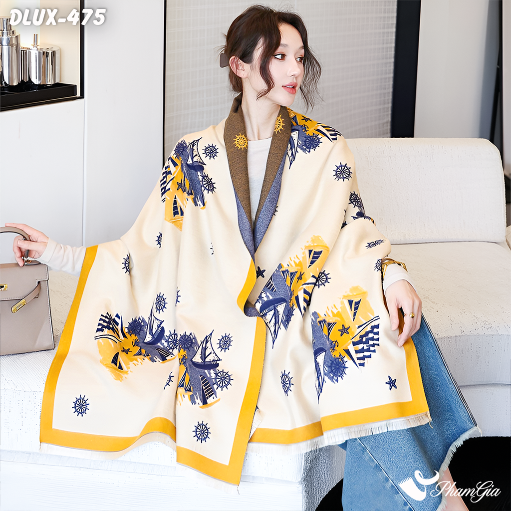 Model Choàng Khăn Choàng Dạ Cashmere Cao Cấp Họa Tiết Retro Màu Vàng Kem Thanh Lịch