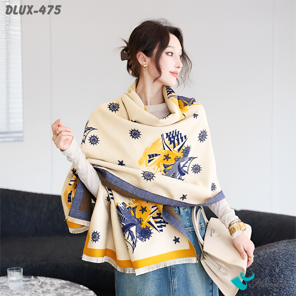 Góc Nghiêng Khăn Choàng Dạ Cashmere Cao Cấp Họa Tiết Retro Màu Vàng Kem Thanh Lịch