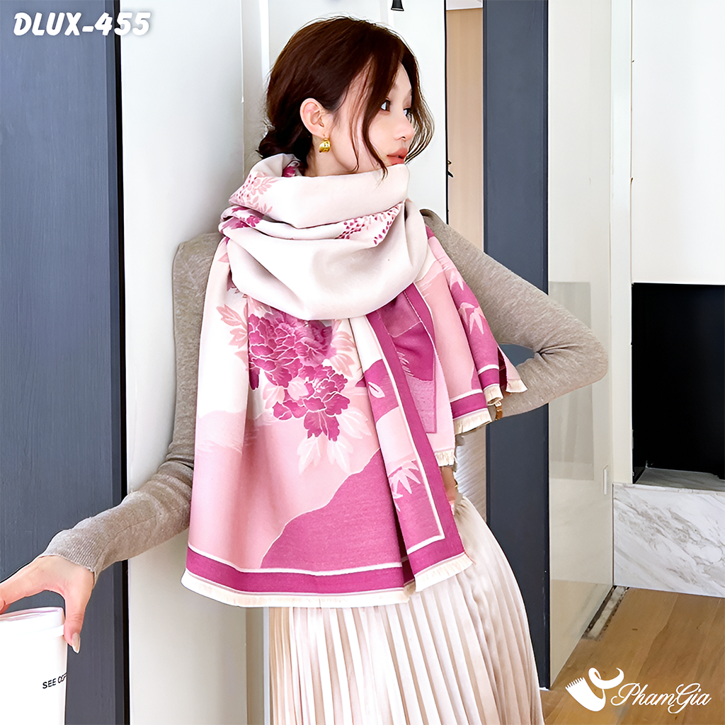 Khăn Choàng Dạ Cashmere Cao Cấp Họa Tiết Sơn Thủy Màu Hồng Ngọc Thanh Lịch