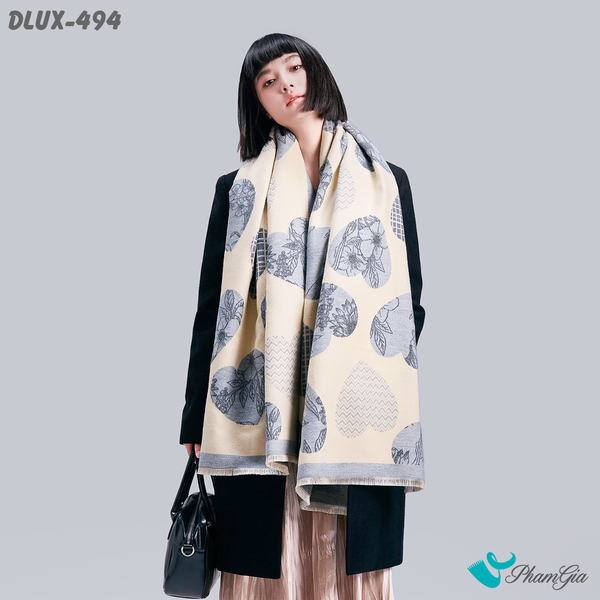 Khăn Choàng Dạ Cashmere Cao Cấp Họa Tiết Trái Tim Màu Xanh Blue Thanh Lịch (DLUX494)