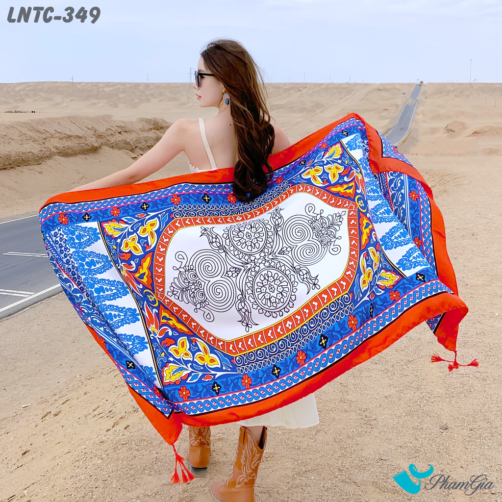 Khăn Choàng Linen Boho Họa Tiết Mandala Màu Xanh Phối Viền Cam Cá Tính