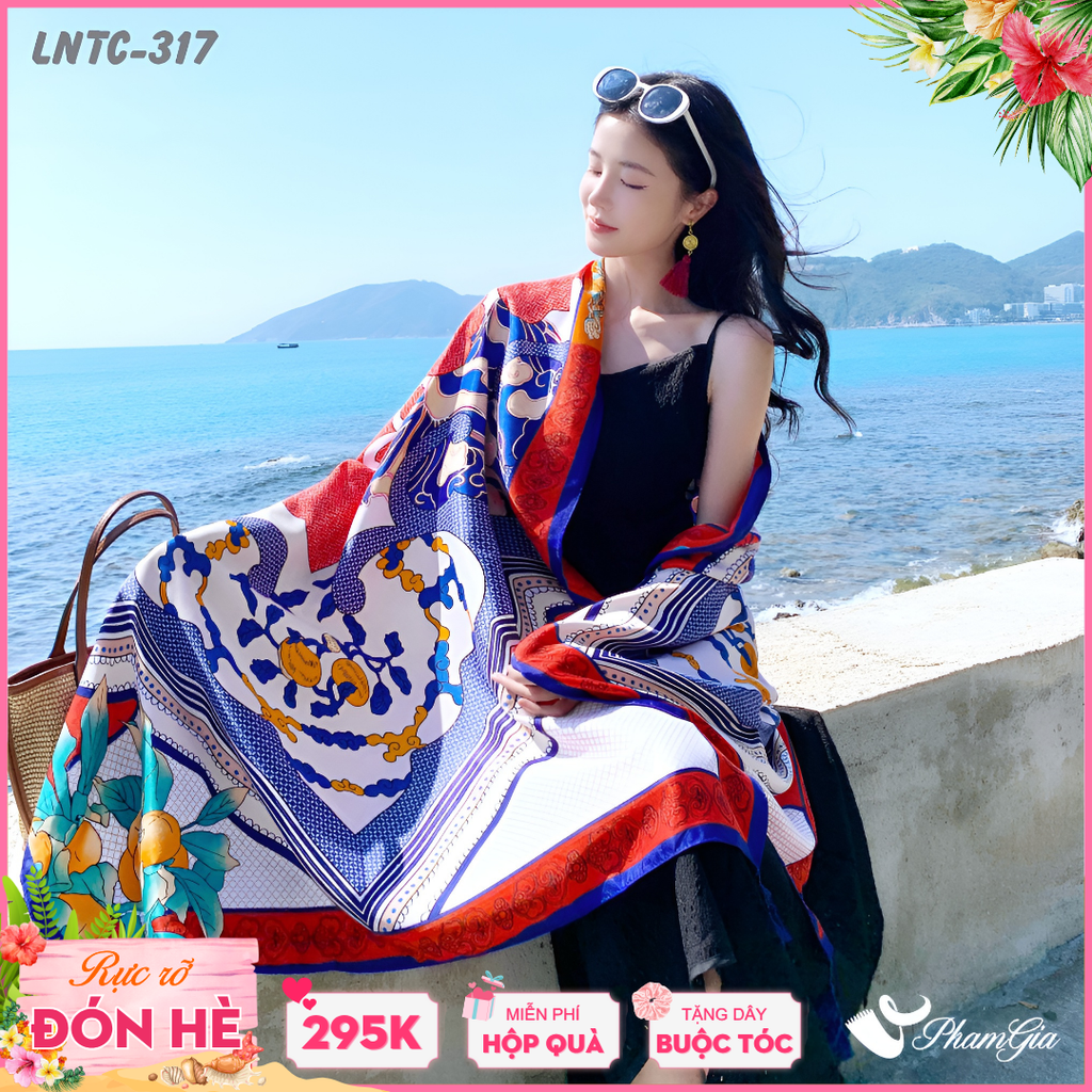 Khăn Choàng Linen Boho Họa Tiết Thổ Cẩm Màu Xanh Coban Phối Đỏ Cam Cá Tính
