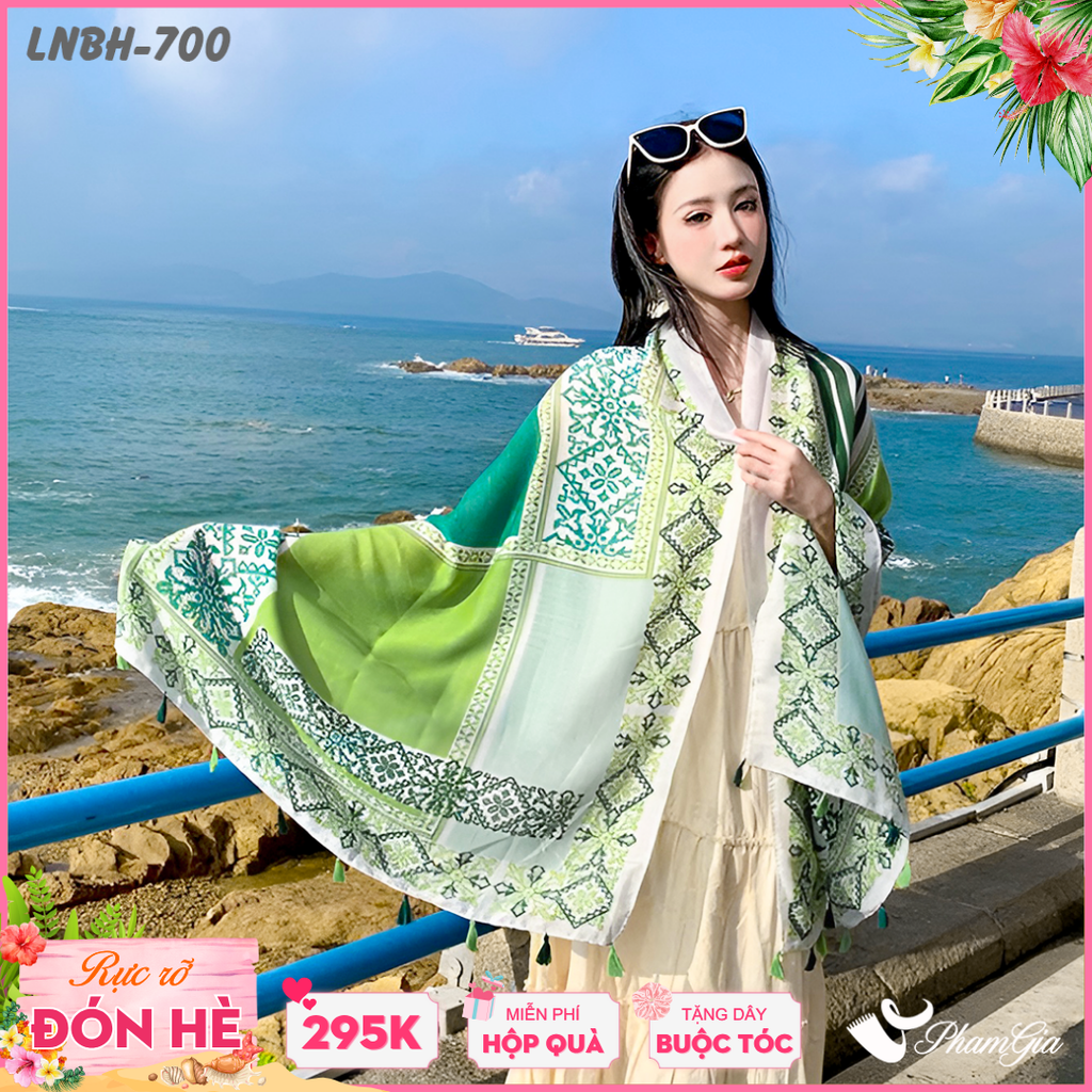 Khăn Choàng Linen Boho Họa Tiết Thổ Cẩm Phối Kim Tuyến Màu Xanh Bơ Độc Đáo