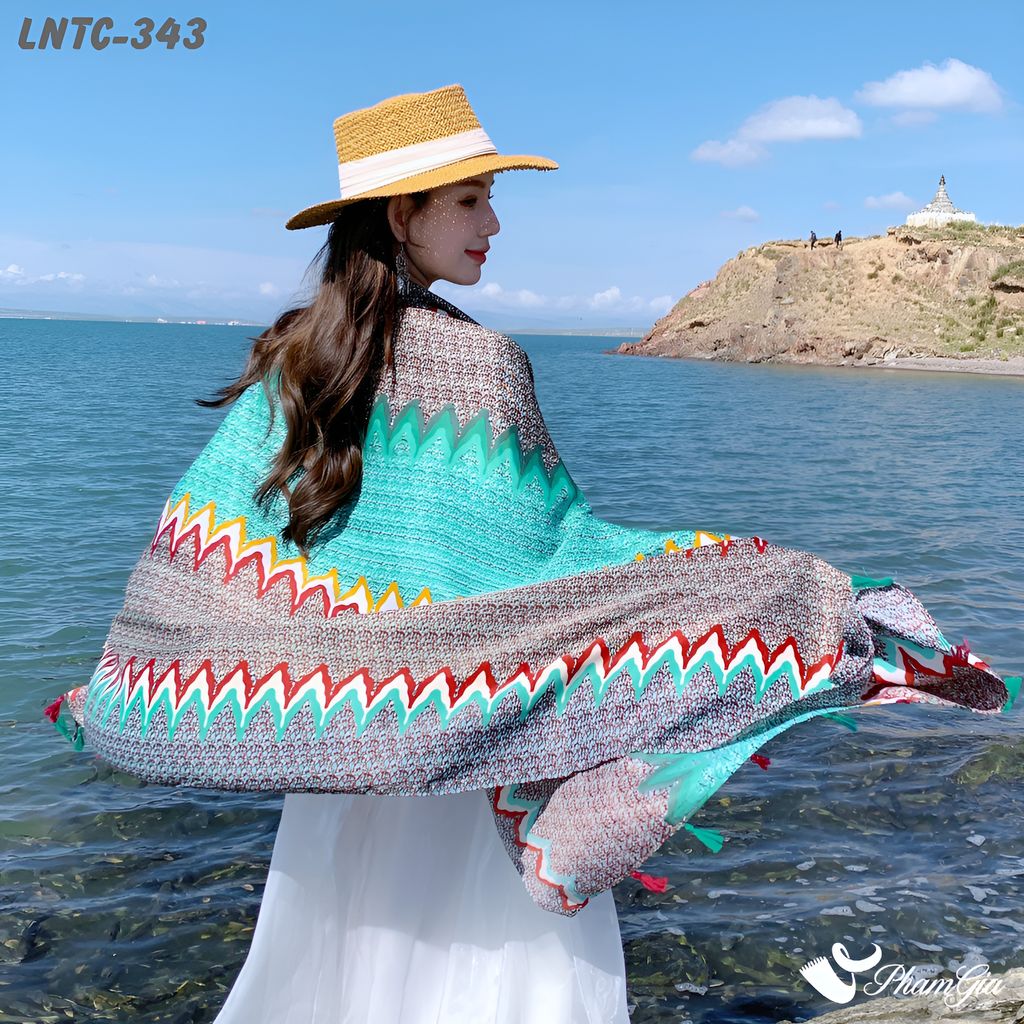 Họa Tiết Khăn Choàng Linen Boho Họa Tiết Ziczac Màu Xám Phối Xanh Mint Tươi Tắn