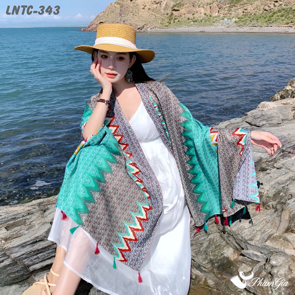 Khăn Choàng Linen Boho Họa Tiết Ziczac Màu Xám Phối Xanh Mint Tươi Tắn